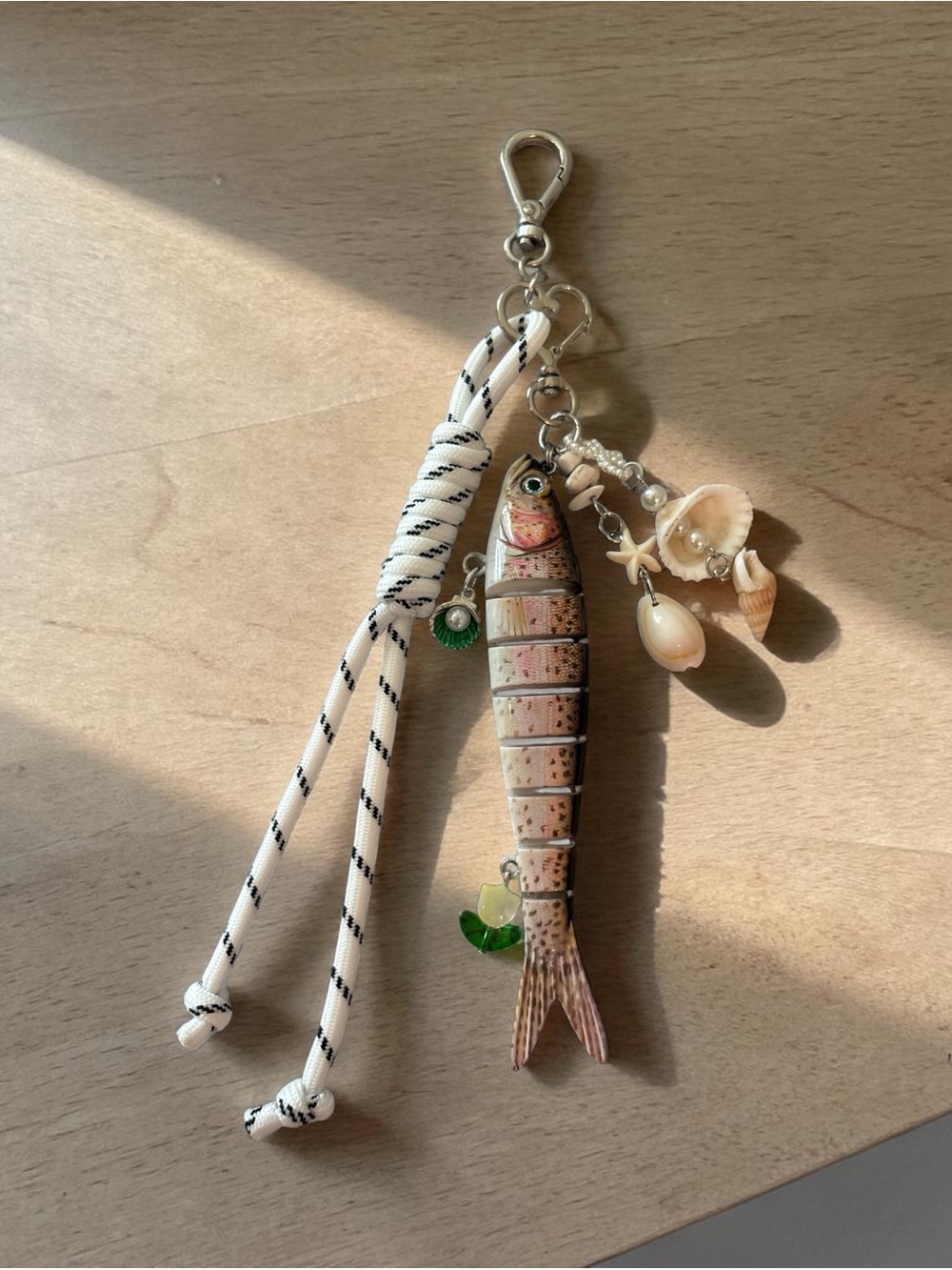 Handmade Fish Charm Keychain with White Cord and Shell Accents